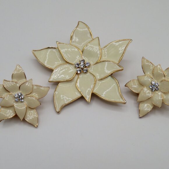 Eisenberg Ice Brooch Earrings Set Enamel Poinsettia Rhinestone Accents - Picture 2 of 10